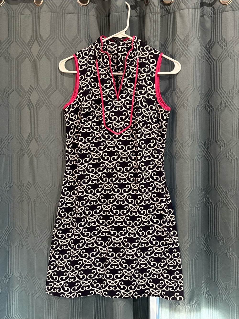 Vince Camuto Navy & White Patterned Sleeveless Dress with Pink Trim
